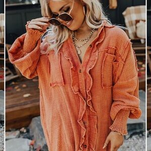 Impressions “Autumn Brunch” 100% Cotton Gauzy Faded Orange Button Down Sz L